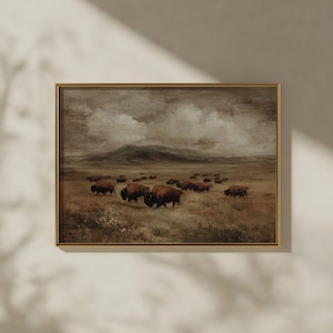 Rustic Bison Farmhouse Print -  Vintage Country Landscape Printable, Warm Cottagecore Pastoral Meadow Painting