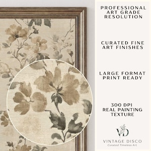 Puede incluir: Una impresi&oacute;n floral enmarcada con una paleta de colores neutros beige, marr&oacute;n y gris. La obra de arte presenta un primer plano de un dise&ntilde;o floral con el texto "PROFESSIONAL ART GRADE RESOLUTION", "CURATED FINE ART FINISHES", "LARGE FORMAT PRINT READY", y "300 DPI REAL PAINTING TEXTURE".