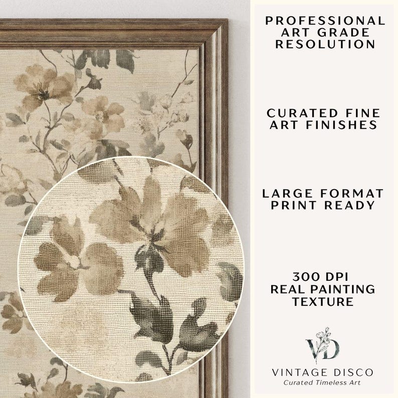 Puede incluir: Una impresi&oacute;n floral enmarcada con una paleta de colores neutros beige, marr&oacute;n y gris. La obra de arte presenta un primer plano de un dise&ntilde;o floral con el texto "PROFESSIONAL ART GRADE RESOLUTION", "CURATED FINE ART FINISHES", "LARGE FORMAT PRINT READY", y "300 DPI REAL PAINTING TEXTURE".