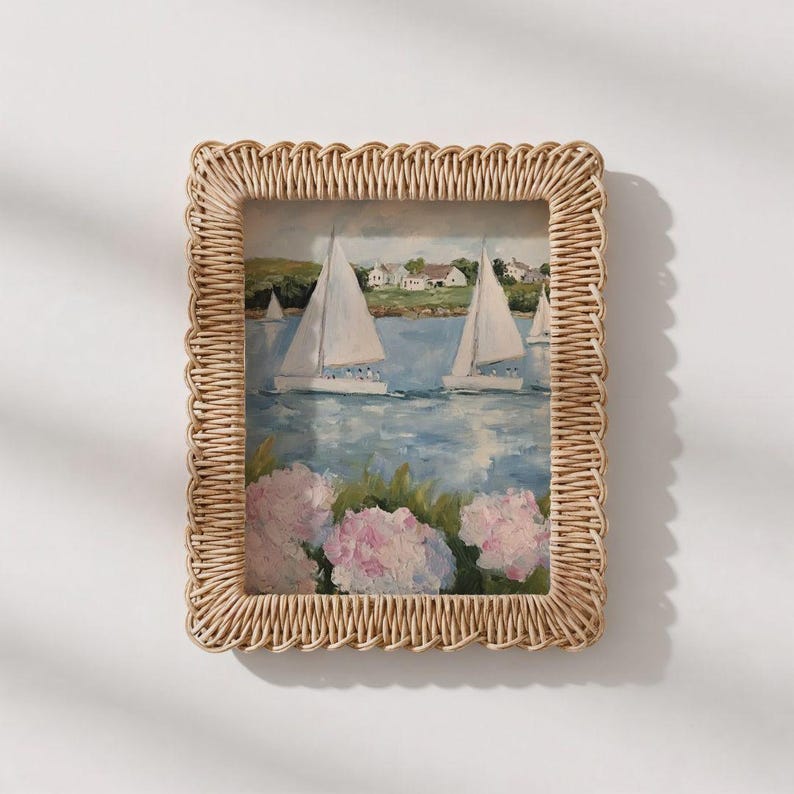 Coastal Hydrangeas & Sailboats Print: Preppy Pink Grandmillenial Summer Wall Art, Coquette Beachy Apartment Decor