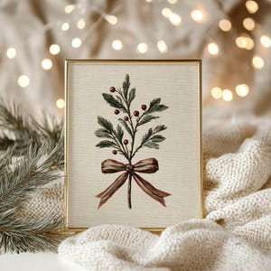 Neutral Holly Berry Holiday Print - Vintage French Country Christmas Art, Minimalist Botanical Winter Printable