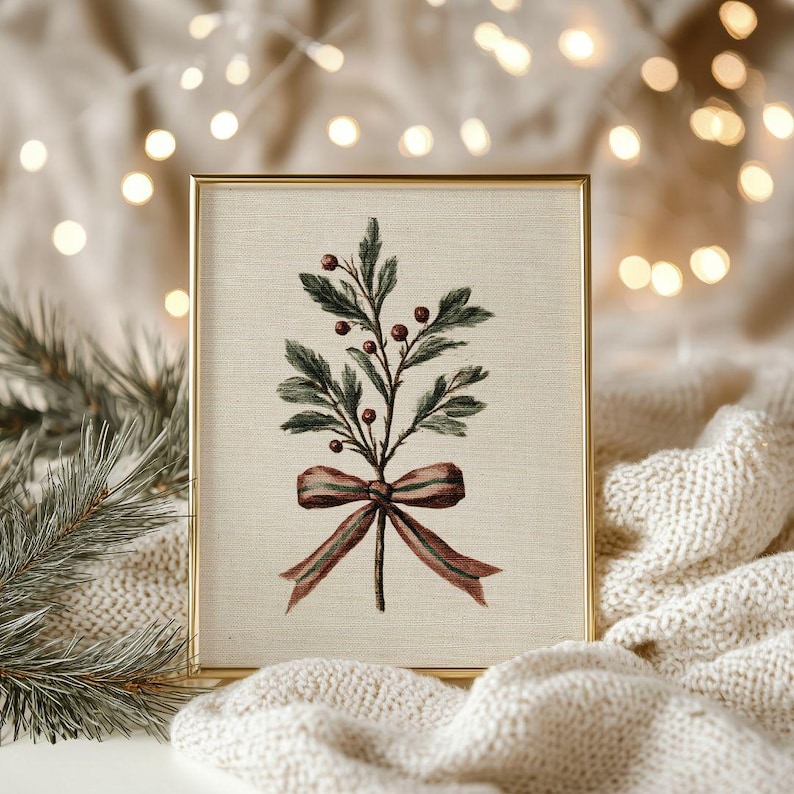 Neutral Holly Berry Holiday Print - Vintage French Country Christmas Art, Minimalist Botanical Winter Printable
