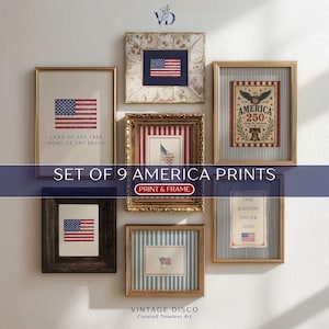 May include: A set of nine framed prints featuring American flag designs and patriotic themes. The prints include the text "Land of the Free, Home of the Brave," and "One Nation Under God." The frames vary in style, with gold, wood, and patterned borders.