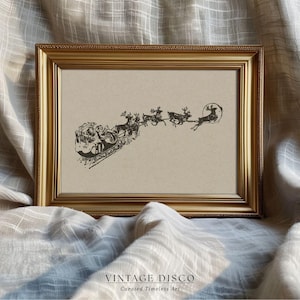 Vintage Reindeer Silhouette Santa Sleigh Print - Neutral Christmas Holiday Decor, Cozy Farmhouse Winter Printable