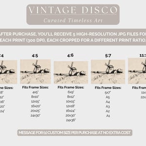 May include: An image featuring a vintage art print with a windmill landscape. The image includes text about the print's resolution, cropping, and available frame sizes. The text at the top reads "VINTAGE DISCO Curated Timeless Art."