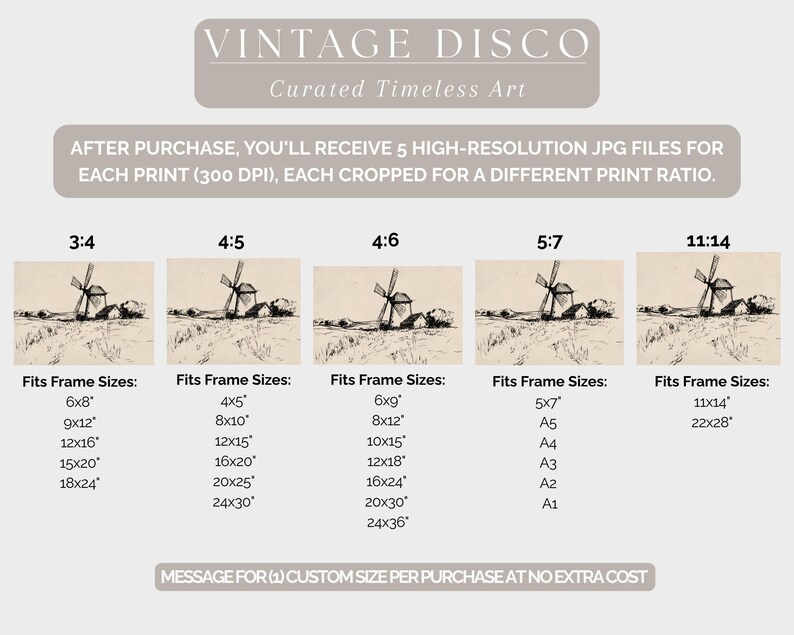 May include: An image featuring a vintage art print with a windmill landscape. The image includes text about the print's resolution, cropping, and available frame sizes. The text at the top reads "VINTAGE DISCO Curated Timeless Art."