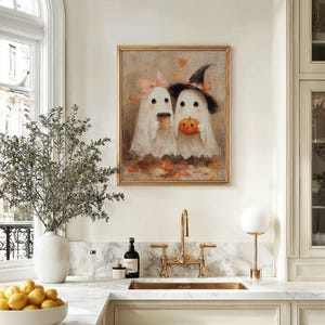 Cottagecore Ghost Couple Coffee Print - Whimsical Spooky Halloween Decor,  Kids Ghosts Fall Printable Art