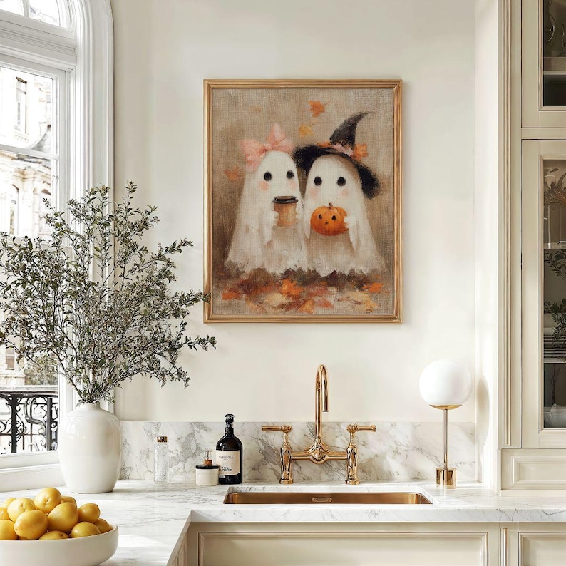 Cottagecore Ghost Couple Coffee Print - Whimsical Spooky Halloween Decor,  Kids Ghosts Fall Printable Art