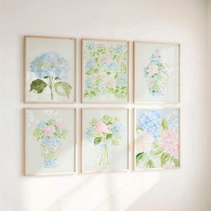Pastel Pink Blue & Green Watercolor Hydrangeas Set - Preppy Grandmillenial Floral College Dorm Prints