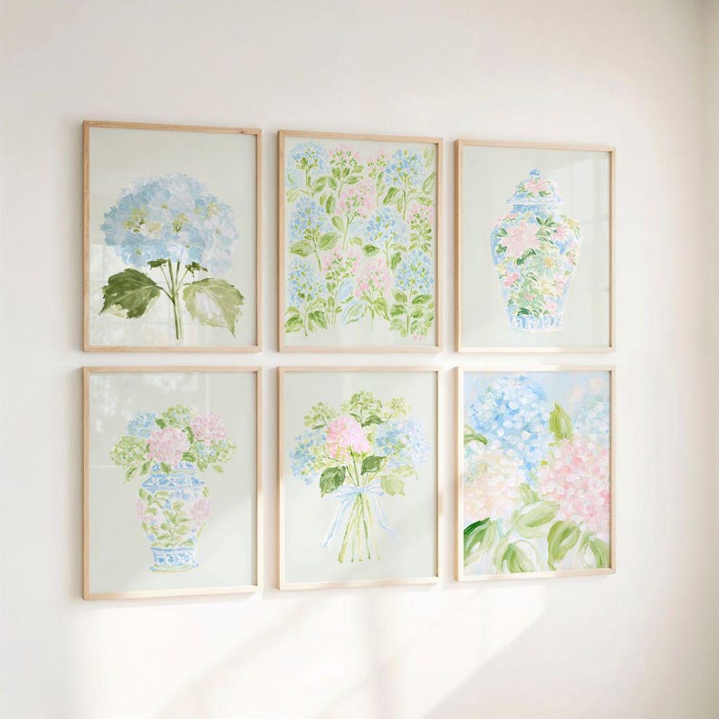 Pastel Pink Blue & Green Watercolor Hydrangeas Set - Preppy Grandmillenial Floral College Dorm Prints