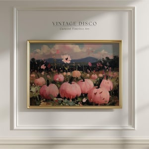 May include: A framed painting featuring a field of pink pumpkins and flowers under a cloudy sky. The artwork is in a gold frame and has the text "VINTAGE DISCO Curated Timeless Art" at the top.