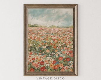 French Country Wildflower Landscape Print - Vintage Cottagecore Spring Scenery, Grandmillenial Floral Artwork, Dopamine Decor