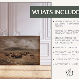 May include: A framed landscape print featuring a herd of bison grazing in a field under a cloudy sky. The artwork has a vintage aesthetic with warm, earthy tones. The text "WHATS INCLUDED?" is visible.