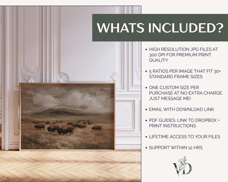 May include: A framed landscape print featuring a herd of bison grazing in a field under a cloudy sky. The artwork has a vintage aesthetic with warm, earthy tones. The text "WHATS INCLUDED?" is visible.