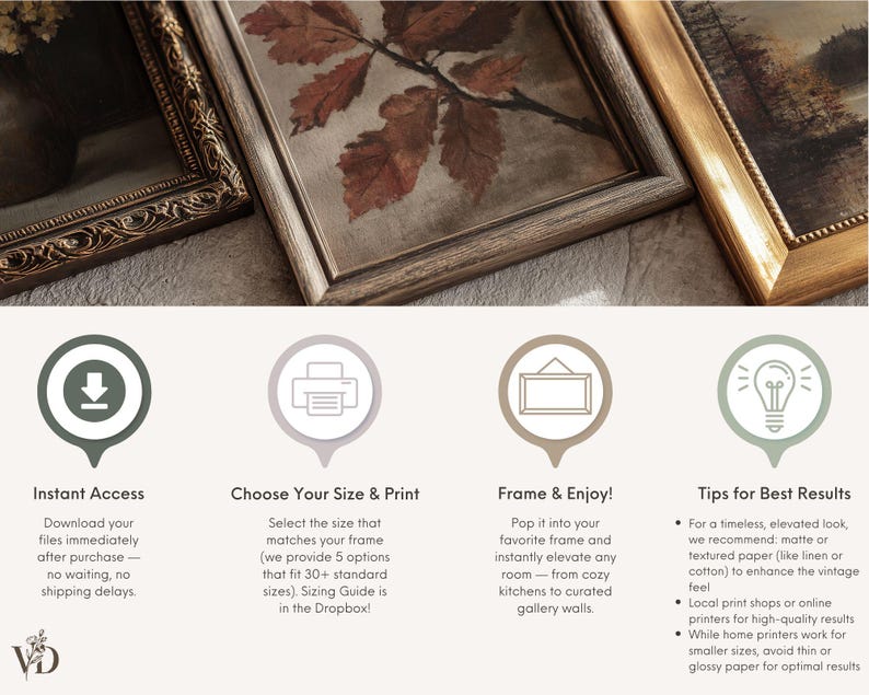 May include: Three framed art prints featuring a botanical leaf study and landscape scenes. Below, four circular icons illustrate the digital download process: Instant Access, Choose Your Size & Print, Frame & Enjoy, and Tips for Best Results.