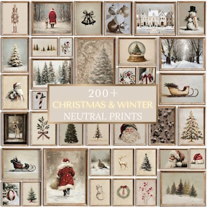 May include: A selection of framed prints with Christmas and winter themes. The prints depict festive scenes such as Santa Claus, snowy landscapes, Christmas trees, and decorations. The text "200+ CHRISTMAS & WINTER NEUTRAL PRINTS" is visible.