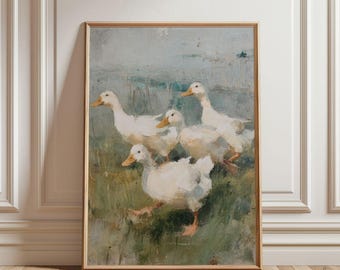 Spring Farmhouse Ducks Painting - Cottagecore Nursery Easter Geese Print, Vintage French Country Kitchen Decor