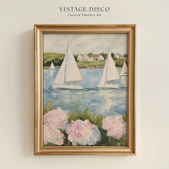Coastal Hydrangeas & Sailboats Print: Preppy Pink Summer Wall Art (Printable Digital Download)