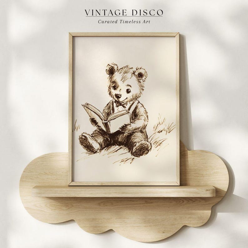 Vintage Bear Sketch Nursery Wall Art, Neutral Woodland Animal Print, Storybook Teddy Print, Kids Playroom Decor, Cottagecore Nursery Print