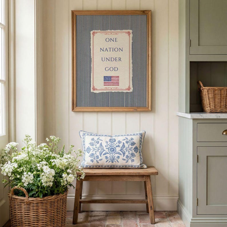 Patriotic Christian One Nation Under God Print - American Heritage Decor, Rustic Independence Day Art