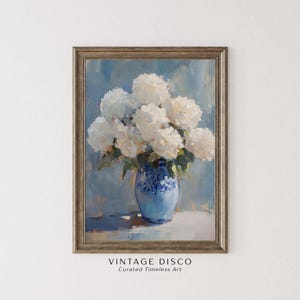Impression de peinture d'hortensia bleu - nature morte florale de campagne française vintage, décoration de style Nancy Meyers