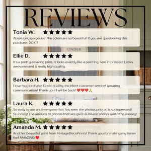 May include: A graphic display titled REVIEWS featuring five customer testimonials from Tonia W., Ellie D., Barbara H., Laura K., and Amanda M. Each review includes a five-star rating and text praising the quality and appearance of a print.