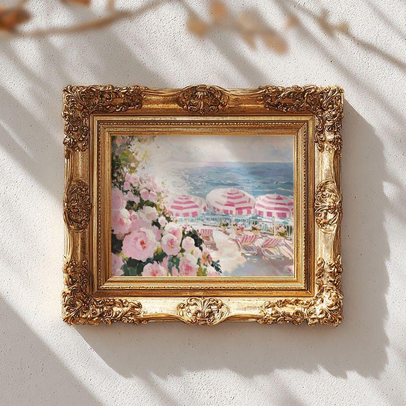 Pink Grandmillenial Coastal Beach Club Print - Coquette Preppy Summer Floral Printable, Shabby Chic Decor