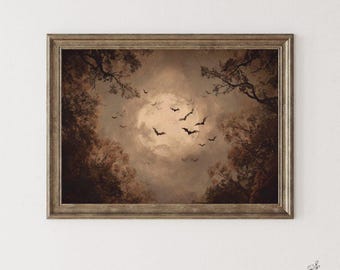 Vintage Full Moon Halloween Printable - Moody Flying Bats Print, Spooky Dark Academia Autumn Decor