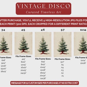 Op de afbeelding: Vintage kunstafdruk met een aquarel illustratie van een kerstboom. De afbeelding wordt gepresenteerd in vijf verschillende beeldverhoudingen, elk met bijbehorende frame-opties in cm. De tekst "Vintage Disco" en "Curated Timeless Art" staan bovenaan.