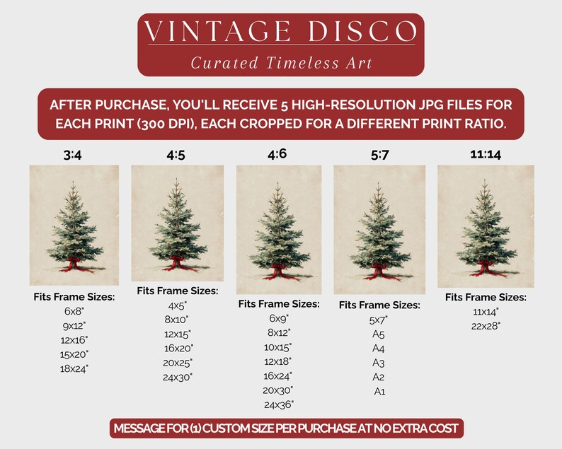 Op de afbeelding: Vintage kunstafdruk met een aquarel illustratie van een kerstboom. De afbeelding wordt gepresenteerd in vijf verschillende beeldverhoudingen, elk met bijbehorende frame-opties in cm. De tekst "Vintage Disco" en "Curated Timeless Art" staan bovenaan.