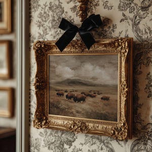 Rustic Bison Farmhouse Print -  Vintage Country Landscape Printable, Warm Cottagecore Pastoral Meadow Painting