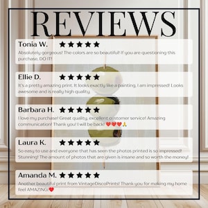 Op de afbeelding: Een ingelijste print met het woord "REVIEWS" bovenaan, met getuigenissen van klanten en sterrenbeoordelingen. De print bevat een abstract schilderij van twee gestapelde groene bollen. De beoordelingen benadrukken de kwaliteit en de kleuren van de print.