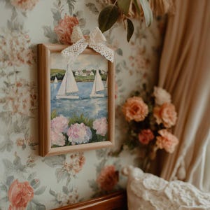 Coastal Hydrangeas & Sailboats Print: Preppy Pink Grandmillenial Summer Wall Art, Coquette Beachy Apartment Decor