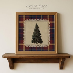 May include: A framed print featuring a detailed evergreen tree illustration. The artwork is set against a beige background with a lace-like border, and a plaid pattern in red, navy, and gold. The frame is made of wood. The text "VINTAGE DISCO" and "Curated Timeless Art" is at the top.