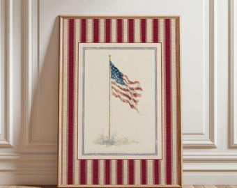 Vintage Preppy American Flag July 4th Print - Rustic Patriotic Americana Decor, Nancy Meyers Style