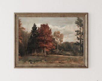 Vintage Fall Landscape Print - Rustic Autumn Farmhouse Decor, Moody Cottagecore Muted Printable