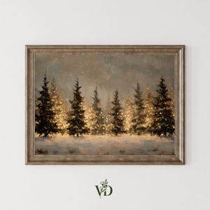 May include: A framed landscape painting depicting a snowy forest scene with dark evergreen trees illuminated by warm, glowing fairy lights. The ground is covered in a thick layer of white snow, and the sky is a muted, cloudy grey tone.