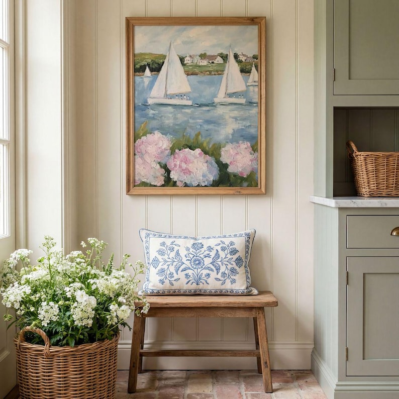 Coastal Hydrangeas & Sailboats Print: Preppy Pink Grandmillenial Summer Wall Art, Coquette Beachy Apartment Decor
