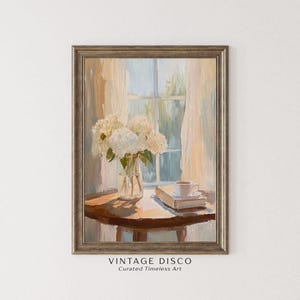Pintura de hortensias vintage: bodegón floral de estilo campestre francés, decoración cottagecore de Nancy Meyers.