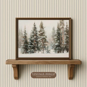 Neutraler Winterwald-Landschaftsdruck - verschneite Weihnachtsbäume zum Ausdrucken, rustikale Bauernhausdekoration