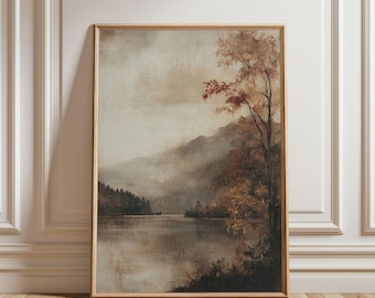 Vintage Autumn Lake Landscape - Printable Fall Wall Art, Muted Rustic Farmhouse Decor