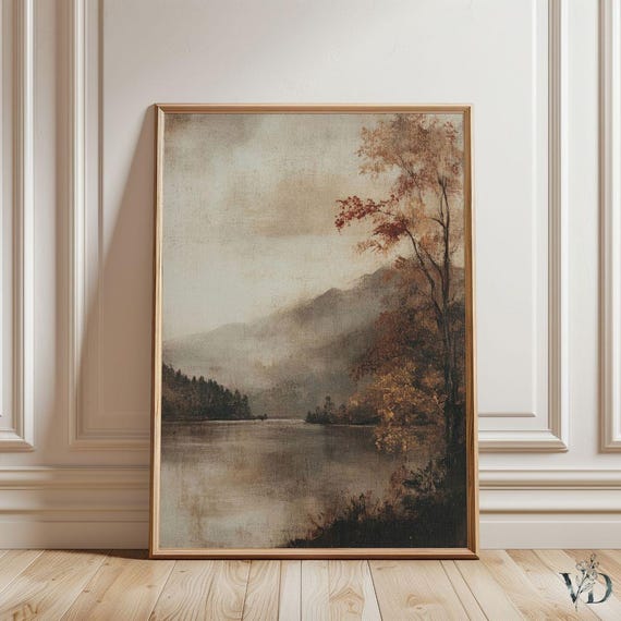 Vintage Autumn Lake Landscape - Printable Fall Wall Art, Muted Rustic Farmhouse Decor