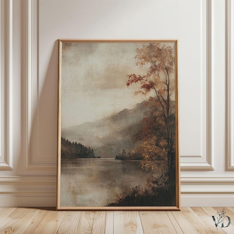 Vintage Autumn Lake Landscape - Printable Fall Wall Art, Muted Rustic Farmhouse Decor