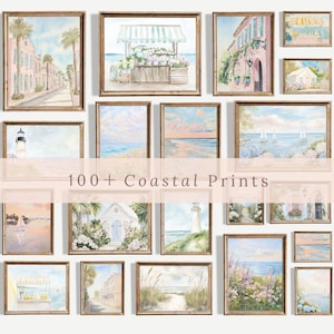 100+ Pink Coastal Gallery Wall Art Prints - Preppy Coastal Art Set, Pink Beachy Art, Preppy Pastel Summer Print, Trendy Watercolor Art