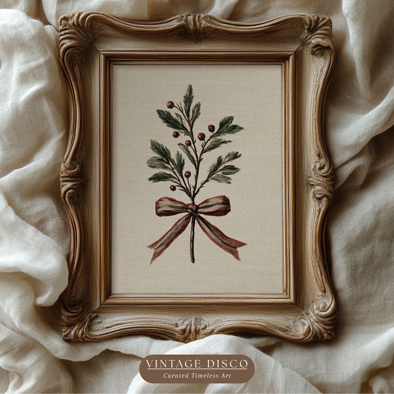 Neutral Holly Berry Holiday Print - Vintage French Country Christmas Art, Minimalist Botanical Winter Printable