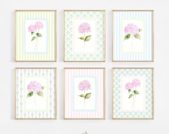 Pastellfarbenes Grandmillennial-Hortensien-Druckset – Südstaaten-Preppy-Blumenmuster für Studentenwohnheime, gestreifte, kokette Pflanzen