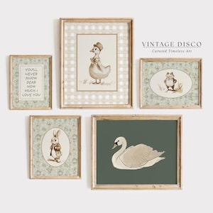 Vintage Storybook Nursery Gallery Wall Set of 5, Sage Green Kids Playroom Decor, Neutral Woodland Animal Nursery Prints, Cottagecore Nursery