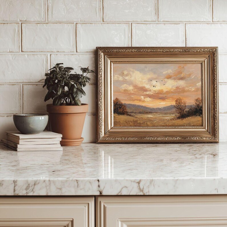 Autumn Sunset Pastoral Landscape Wall Art - Vintage Rustic Fall Printable, Cozy Country Farmhouse Decor