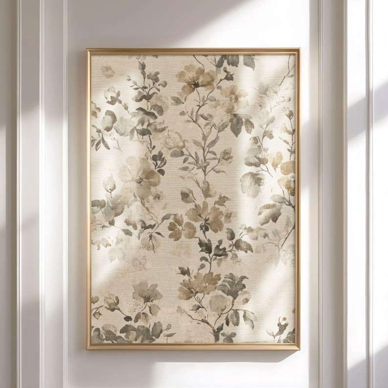 French Country Floral Textile Print - Vintage Botanical Wall Art, Neutral Spring Farmhouse Decor