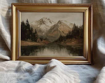 Vintage Autumn Mountain Lake Landscape - Rustic Light Moody Fall Farmhouse Decor, Cottagecore Winter Decor